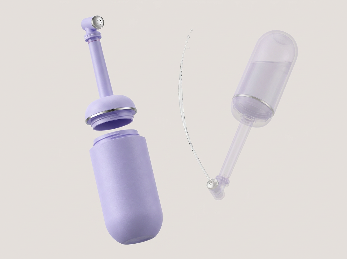 How Cotzia works: fill with warm water, flip, squeeze. 380 ml, 19.7 × 6.2 cm, no batteries or plumbing